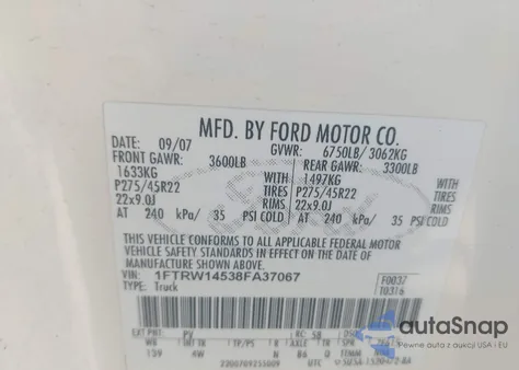 2008 Ford F-150 Lariat z USA, uszkodzony, nr VIN 1FTRW14538FA37067